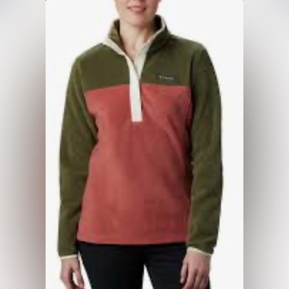 Columbia Fleece Pullover Women M Pink Green Half Snap Benton Spring Colorblock